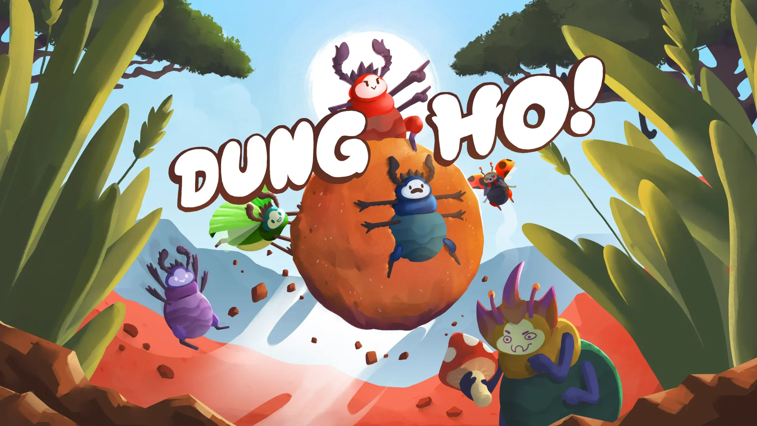 Colorful Dung Ho! artwork featuring several dung beetles surrounding a large rolling dung ball