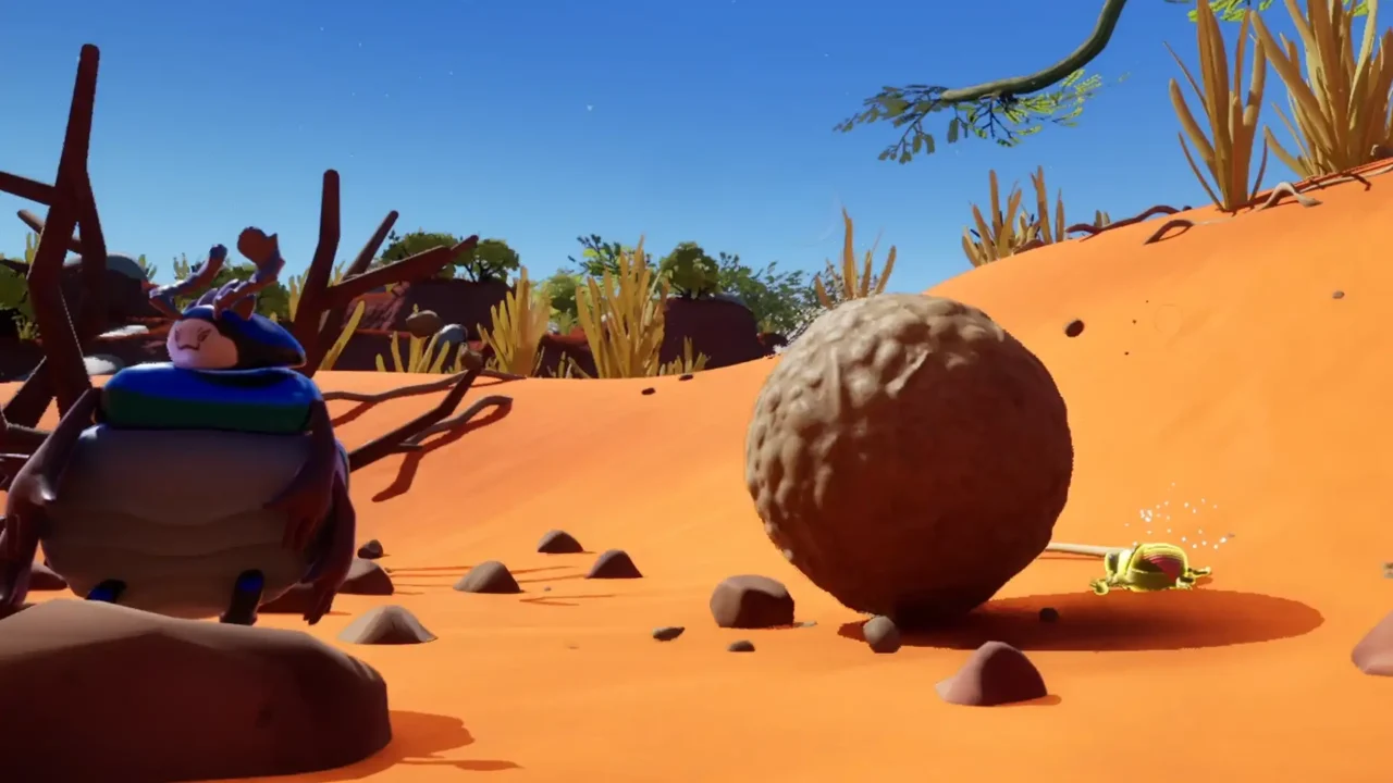 Dung beetles standing beside a large dung ball on orange terrain in Dung Ho!