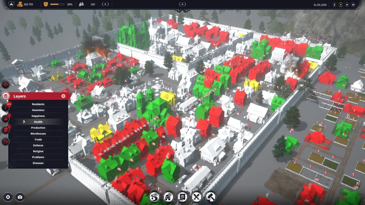 Fortified medieval city displayed through the colored layers system in Feudal Baron: King’s Land