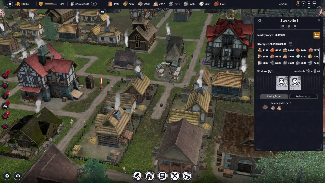 Medieval settlement with houses, workshops, roads, and stockpile management in Feudal Baron: King’s Land