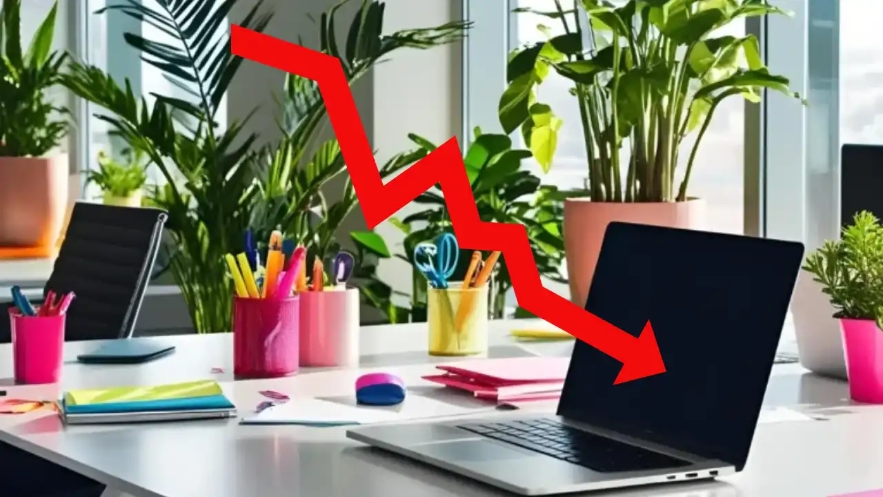 Red downward arrow over an office laptop representing Hasbro’s $56 million write-down and cancelled games