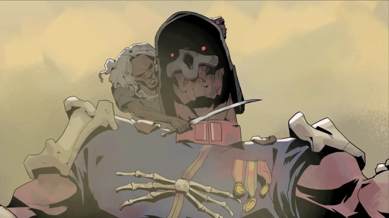 Pajeú fights a large skeletal enemy during an animated Hell Clock cutscene