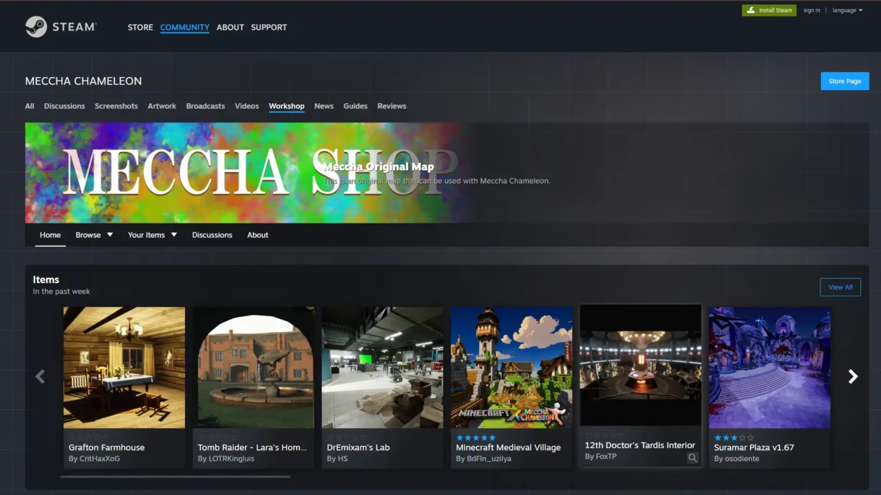 Meccha Chameleon Steam Workshop page showing community-created custom maps