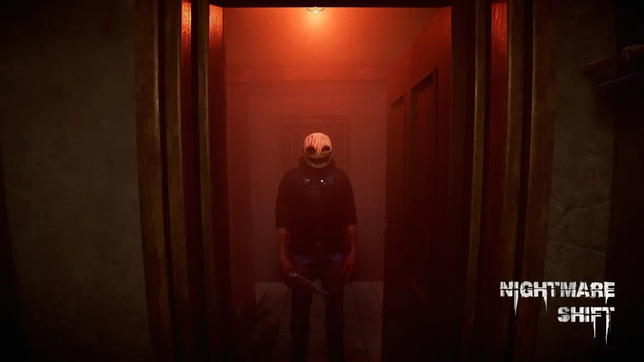 Masked figure holding a knife in a red-lit hallway in Nightmare Shift