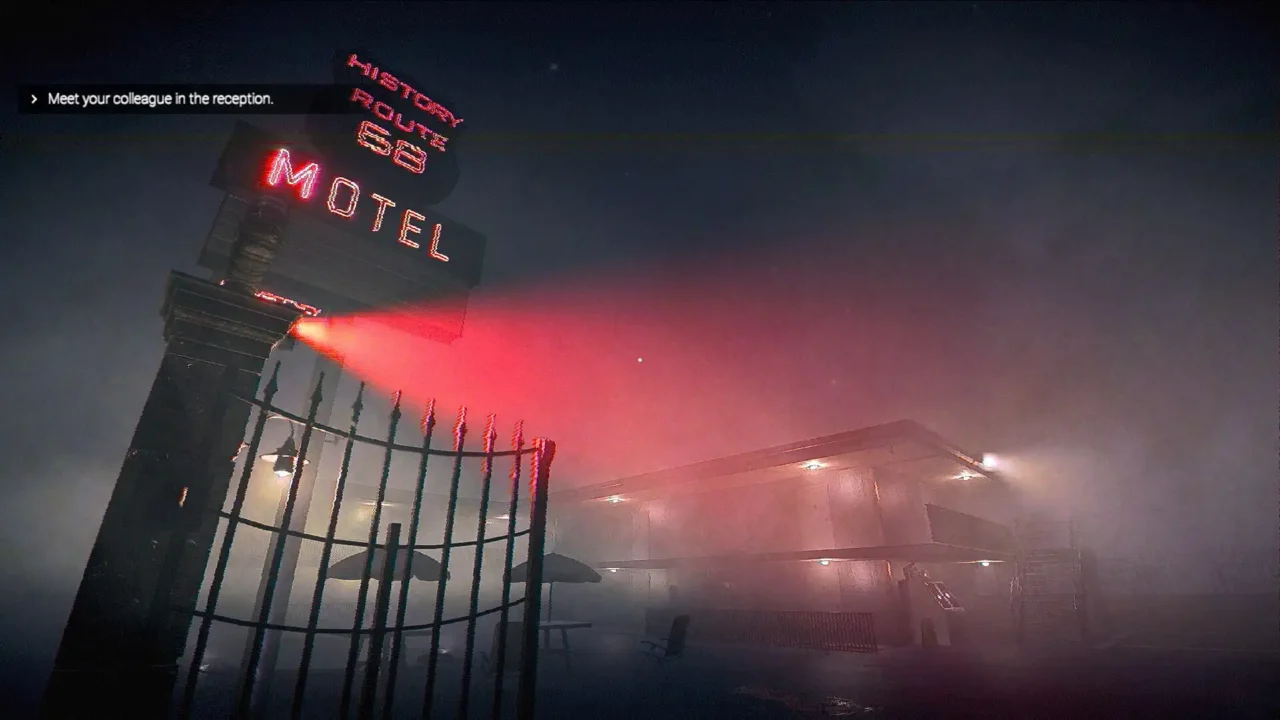 Foggy Route 68 motel exterior illuminated by red neon lights in Nightmare Shift