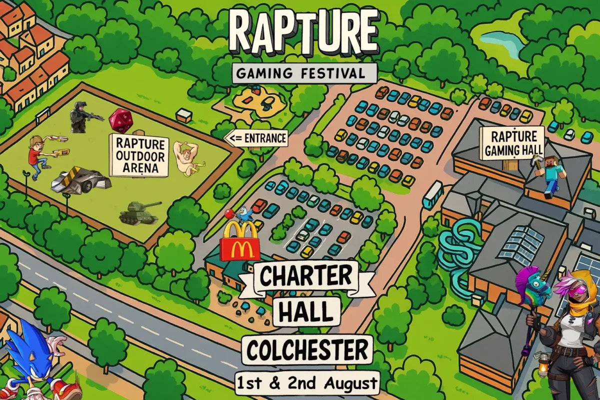 Illustrated map of Rapture Gaming Festival at Charter Hall Colchester showing the gaming hall, outdoor arena, entrance, and parking areas