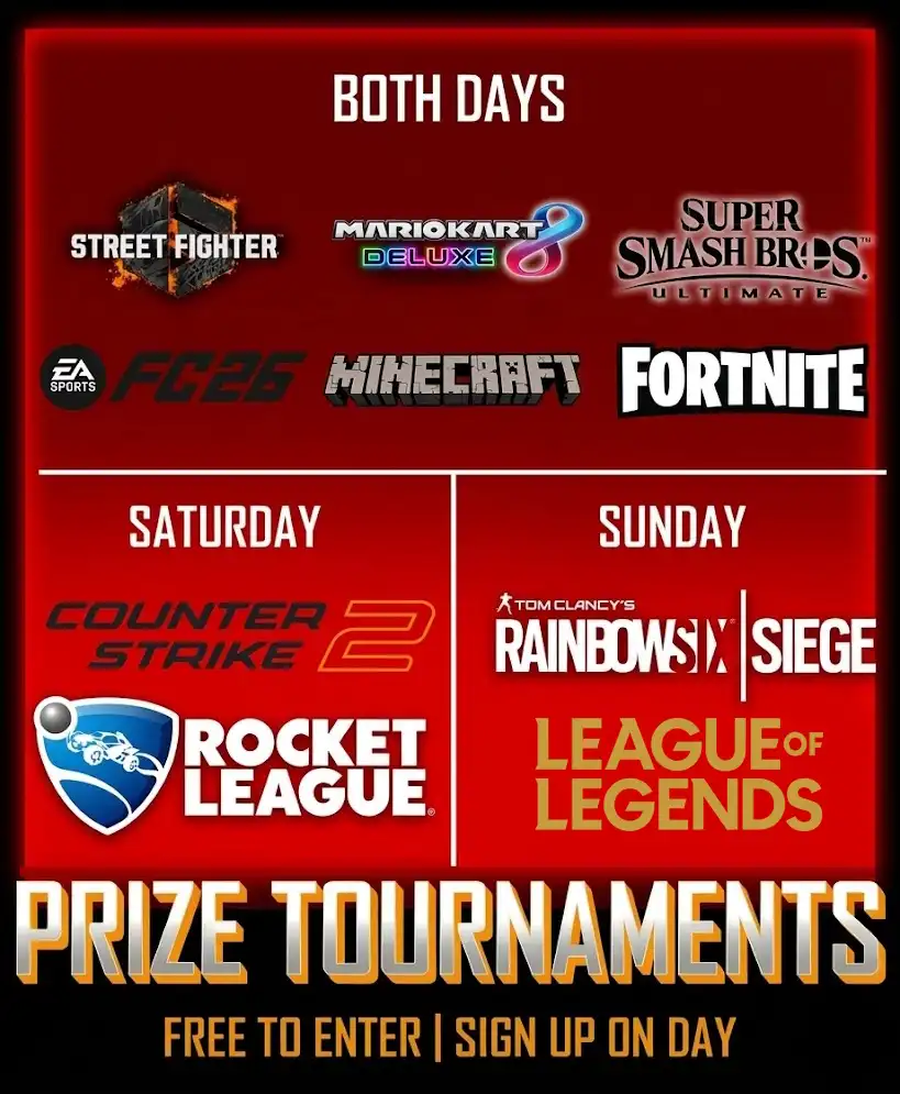 Rapture Gaming Festival tournament schedule featuring Street Fighter 6, Mario Kart 8 Deluxe, Super Smash Bros. Ultimate, EA Sports FC 26, Minecraft, Fortnite, Counter-Strike 2, Rocket League, Rainbow Six Siege, and League of Legends