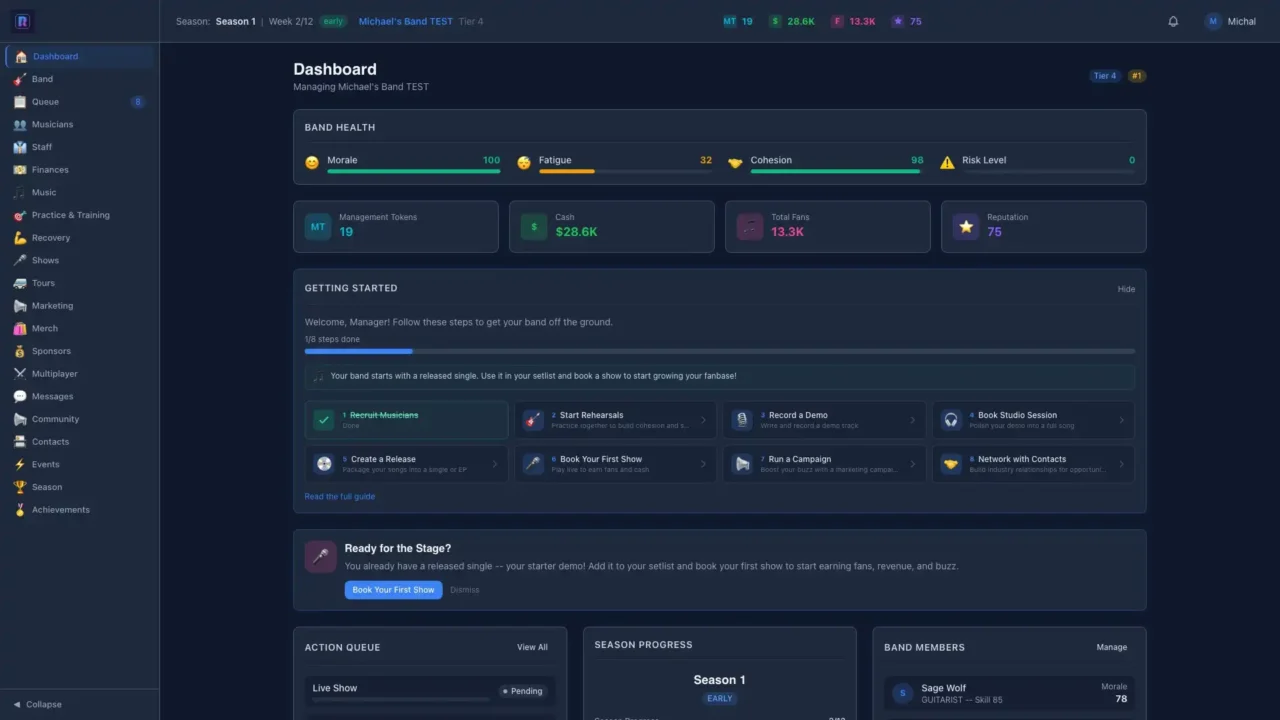 Road to Headliner dashboard showing band health, finances, fans, reputation, and management tasks