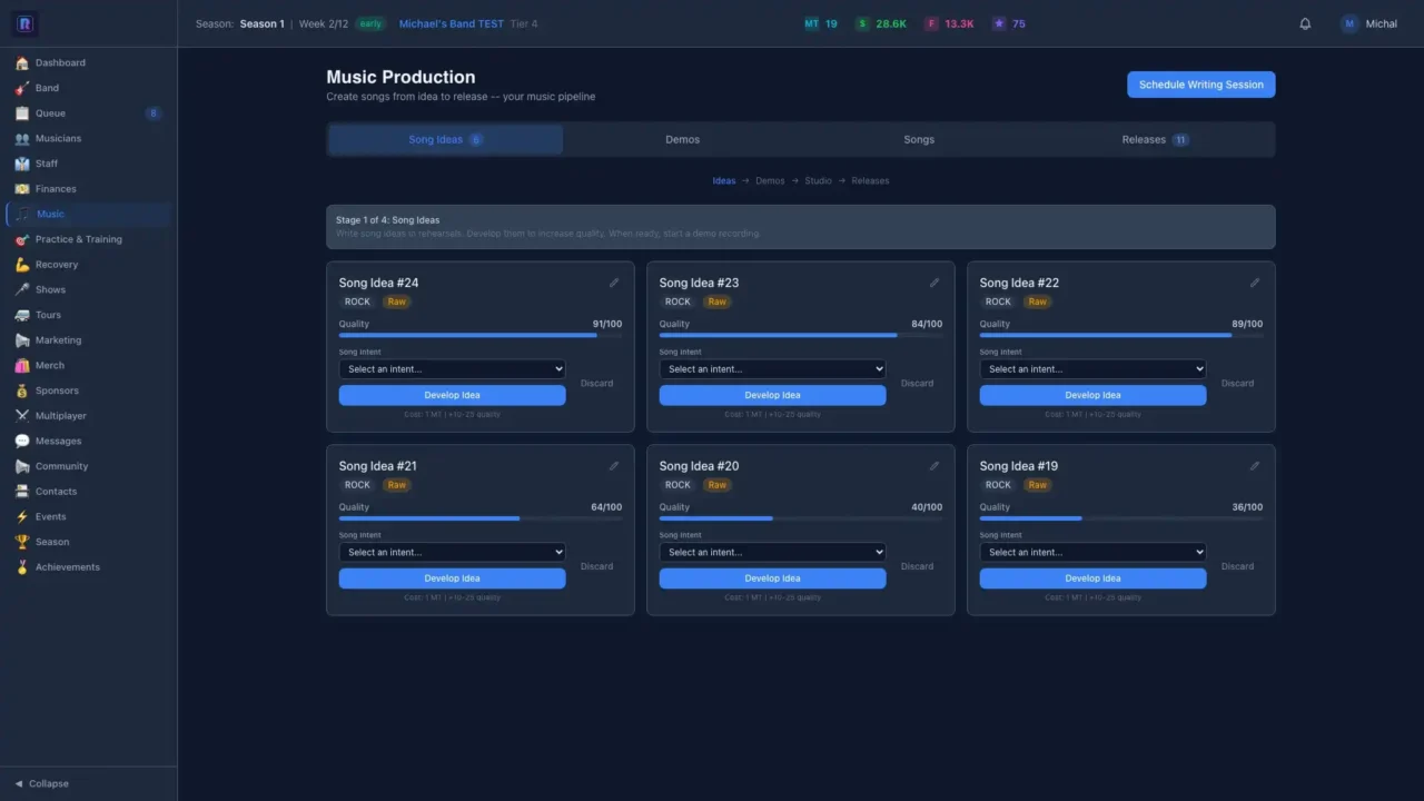 Road to Headliner music production screen showing song ideas and quality ratings