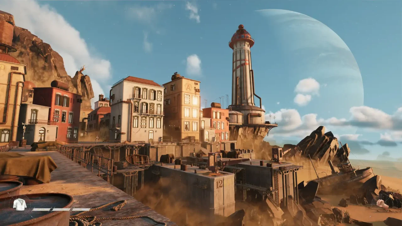 Desert settlement and lighthouse beneath a large planet in SAND: Raiders of Sophie