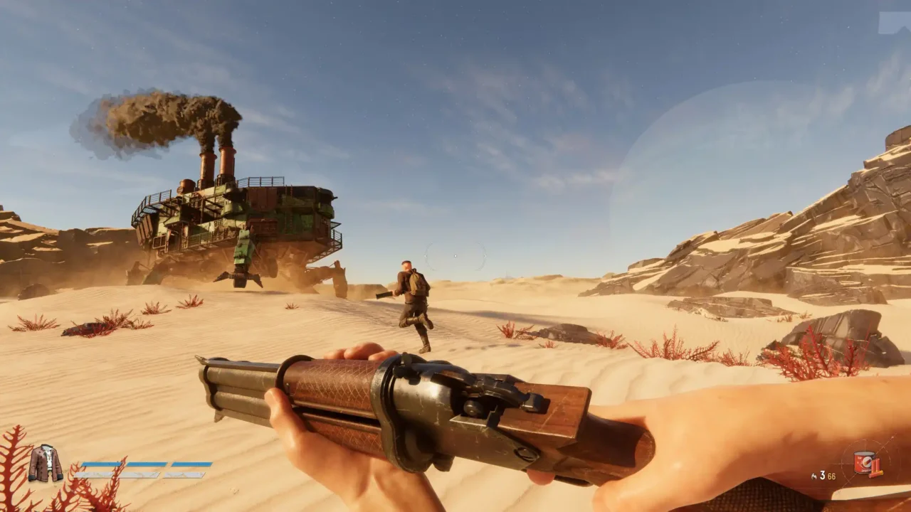 Player following a teammate toward a smoking Trampler in SAND: Raiders of Sophie