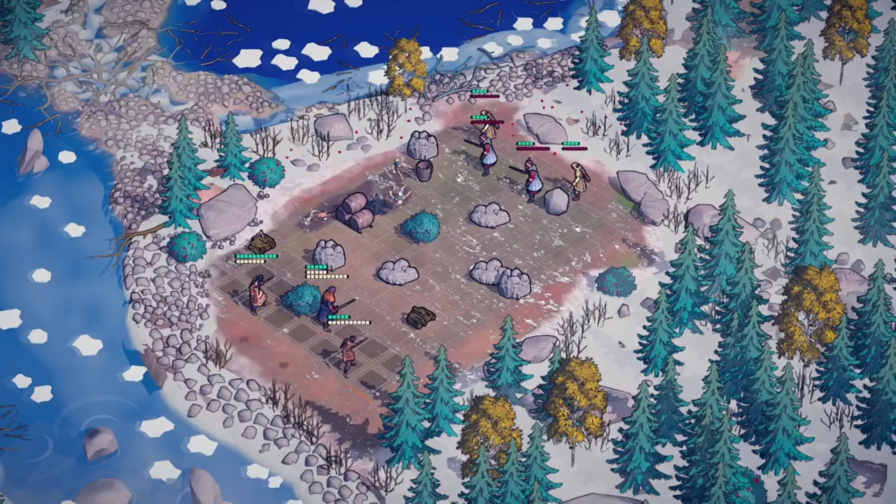 Tactical battle taking place on a snowy forest battlefield in Spears & Spirits