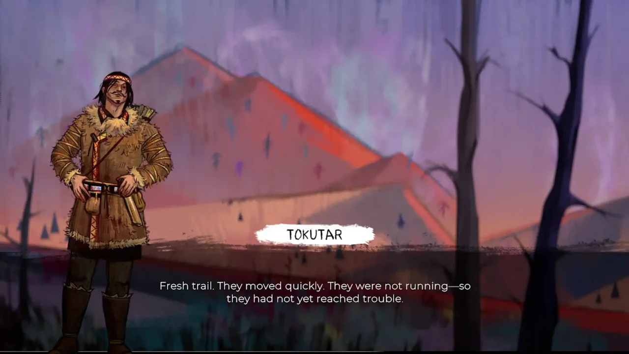 Tokutar speaking during a dialogue scene in Spears & Spirits