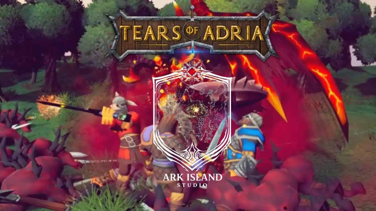 Tears of Adria and Ark Island Studio logos over a gameplay battle scene