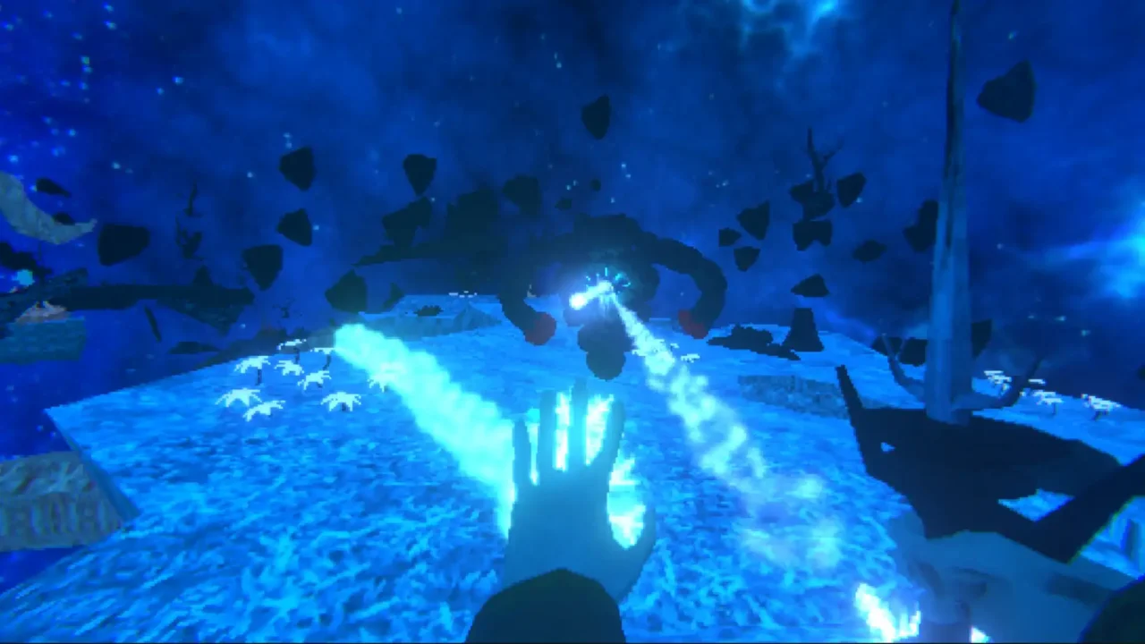 Player casting blue magic at a flying demon in Verho – Curse of Faces