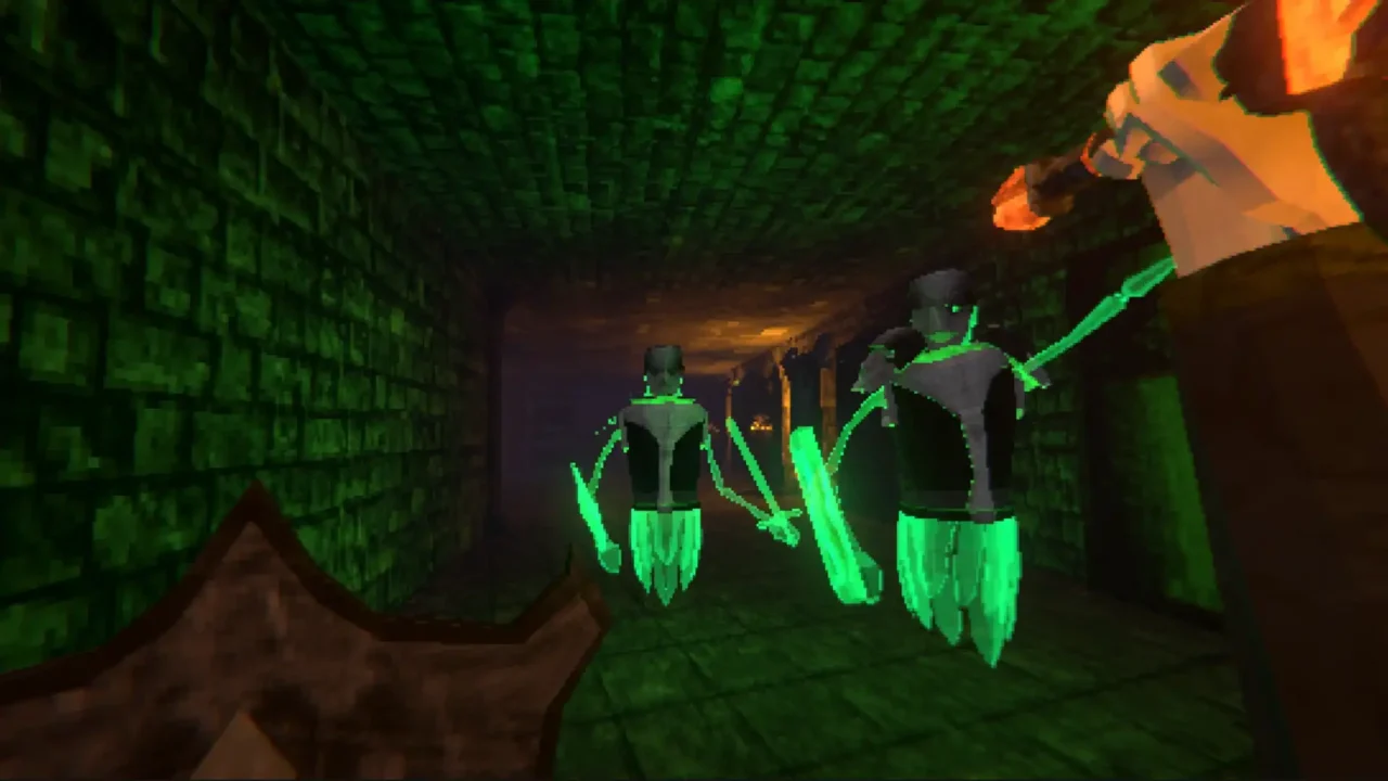 First-person combat against two glowing ghost knights in a green dungeon in Verho – Curse of Faces