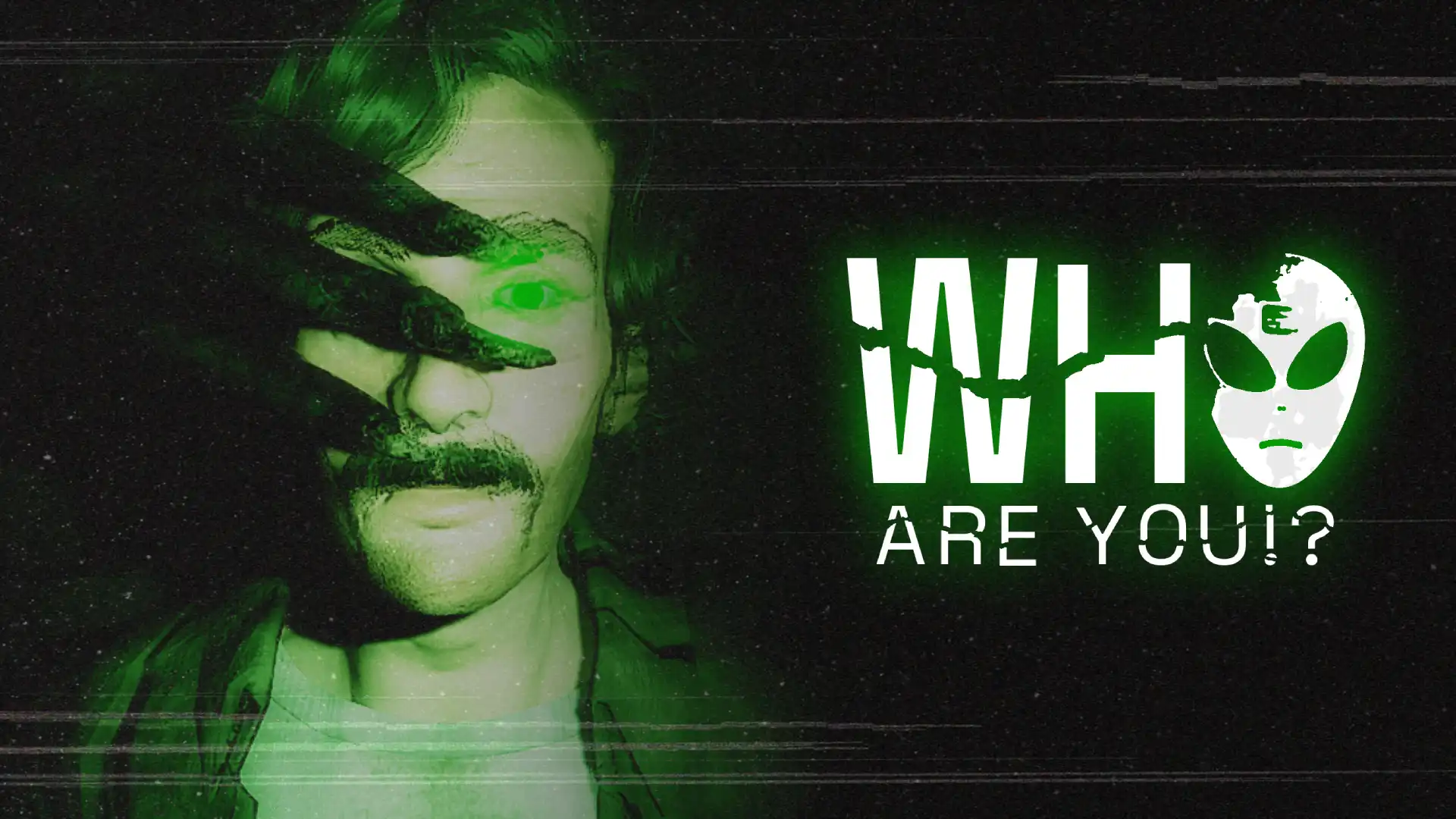 Who Are You psychological horror game key art showing a frightened man, an alien figure, and the game logo