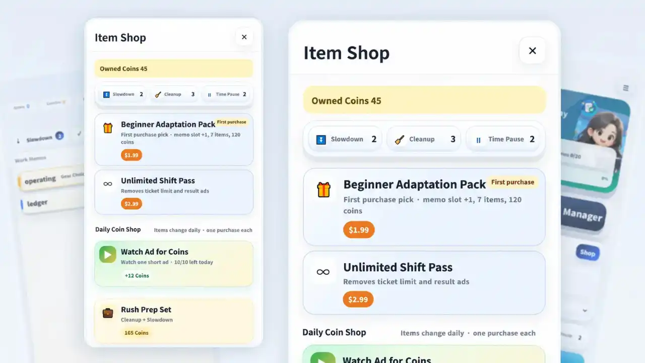 Work Rush Item Shop showing recovery tools, coin purchases, and the Unlimited Shift Pass.