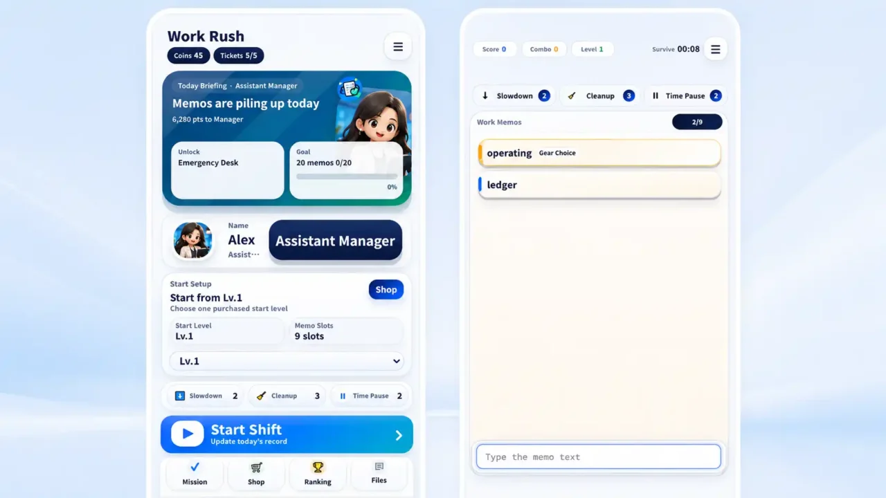 Work Rush mobile game showing the main shift setup screen beside an active memo-typing session
