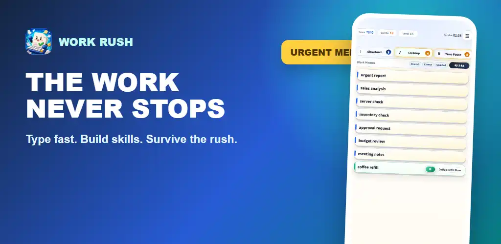 Work Rush promotional image showing a crowded memo queue during an active mobile typing session