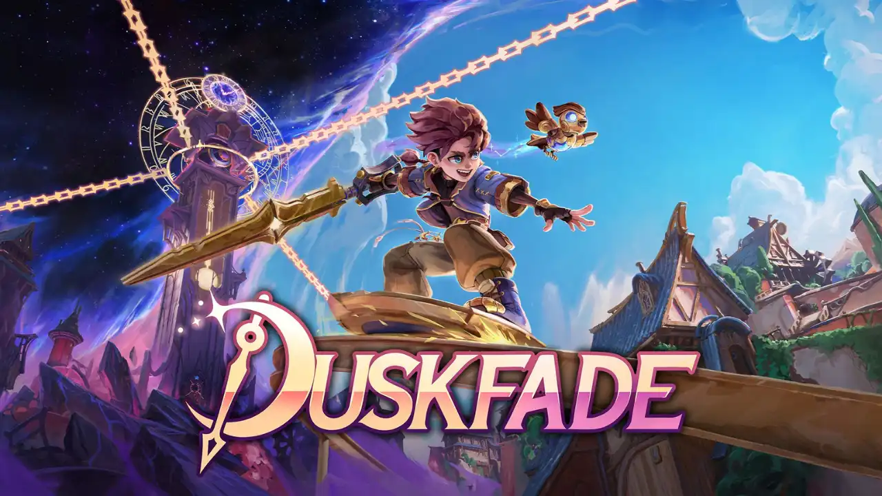 Duskfade key art showing the protagonist riding across a fantasy town beneath a giant clock tower