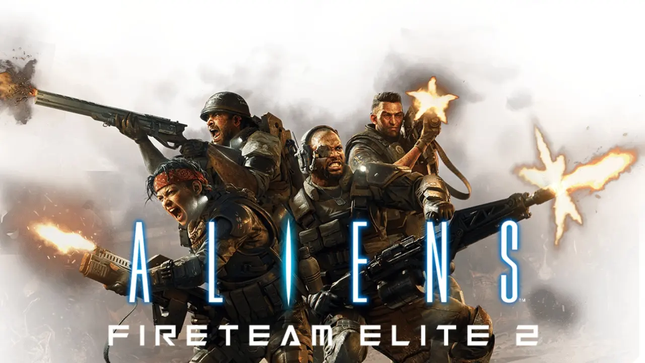 Aliens Fireteam Elite 2 key art showing colonial marines firing weapons