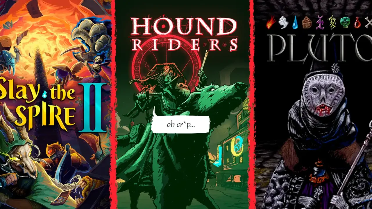 Comparison graphic featuring Slay the Spire II, Hound Riders and Pluto