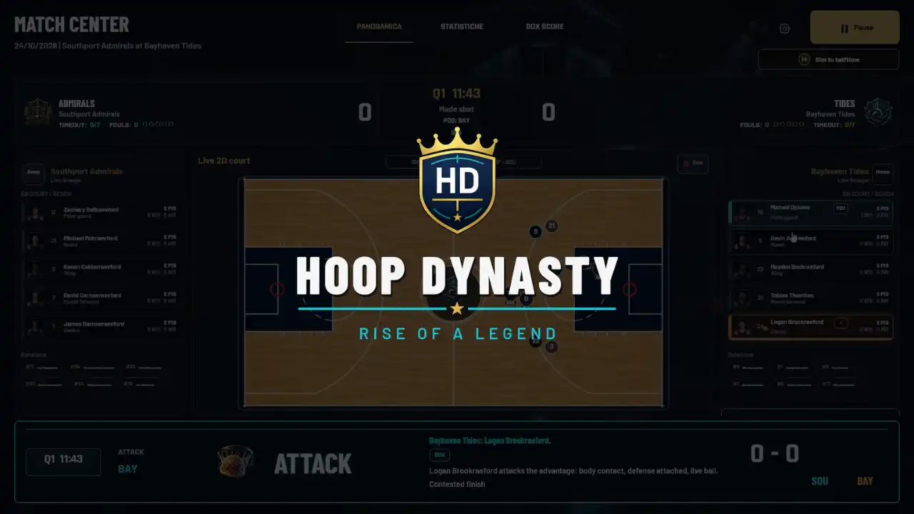 Hoop Dynasty Rise of a Legend Match Center basketball simulation interface