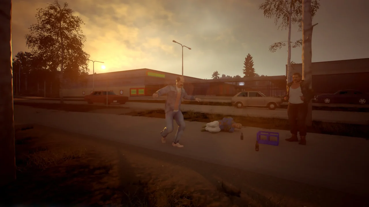 Zeze dances beside parked cars and other characters outside a shopping area at sunset in Last Drop.