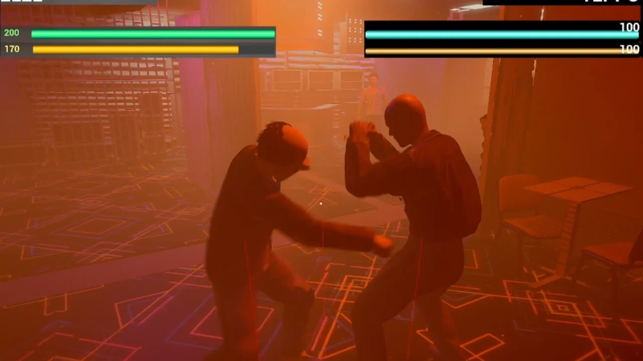 Zeze and Teppo fight inside an orange-lit venue in Last Drop, with health and stamina bars visible.