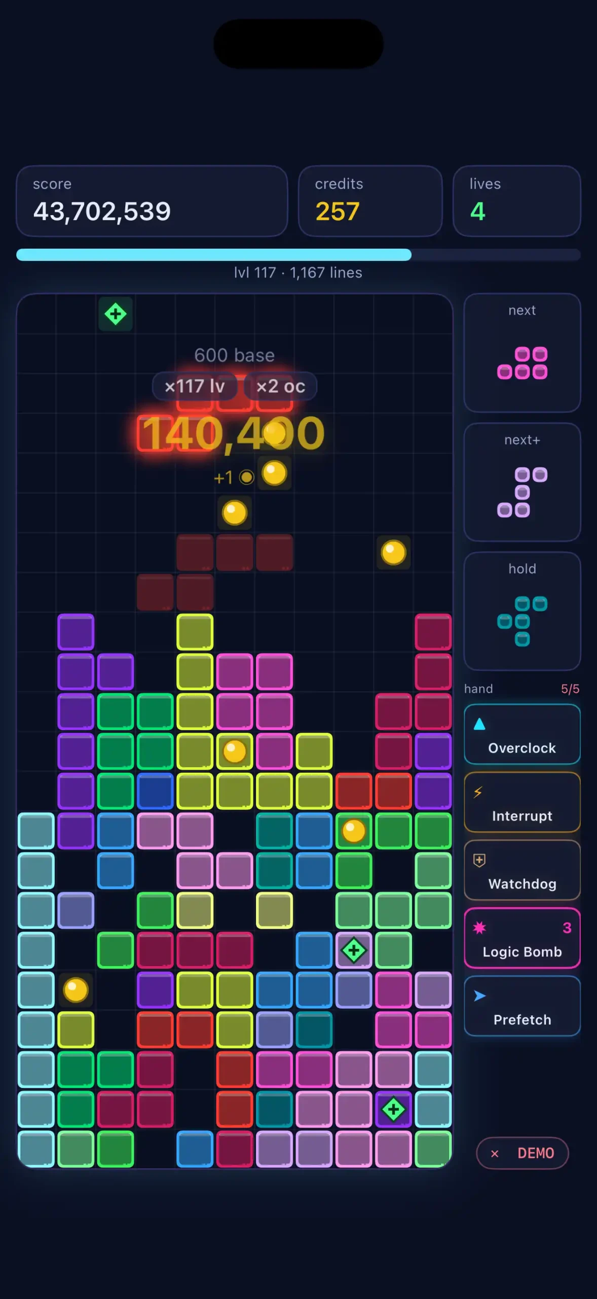 Ominomicon demo mode at level 117, showing 1,167 cleared lines and a densely packed multicolored board