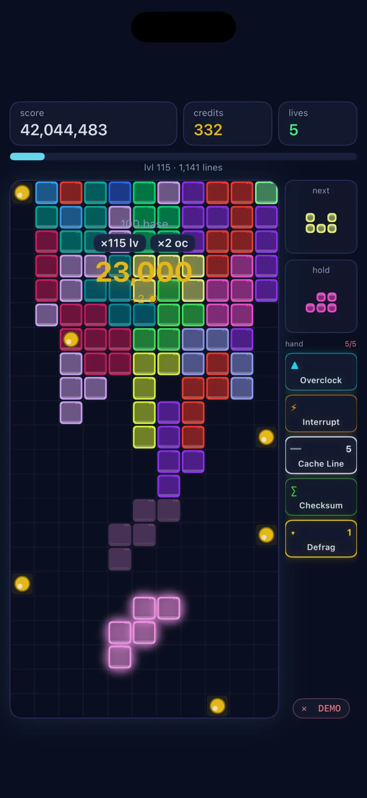 Ominomicon at level 115 with inverted gravity and the multicolored block stack hanging from the top of the board