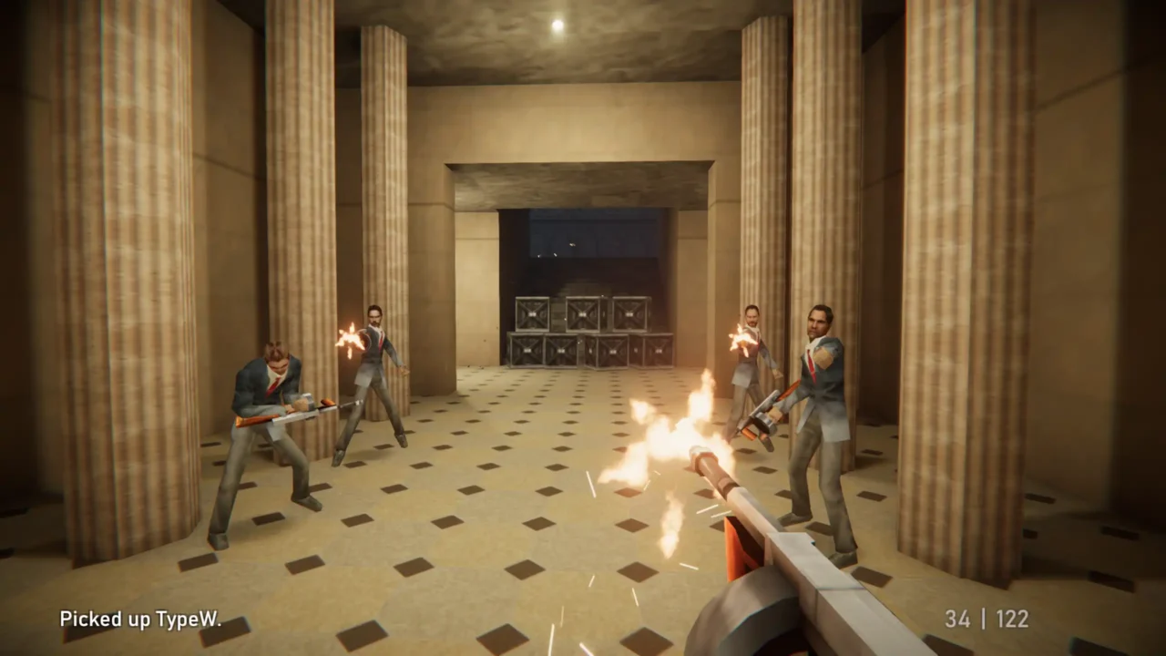 Player fighting four armed enemies inside a columned hall in Agent 64 Spies Never Die