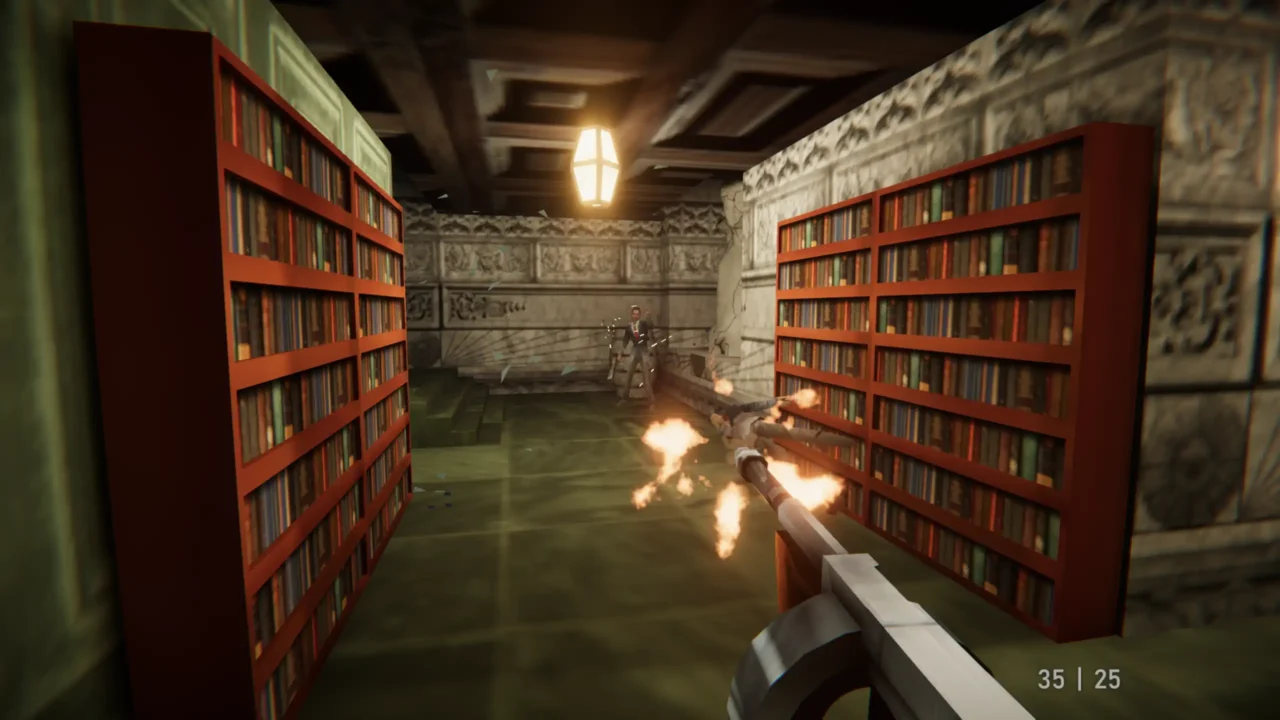 Player firing at enemies between bookshelves in Agent 64 Spies Never Die