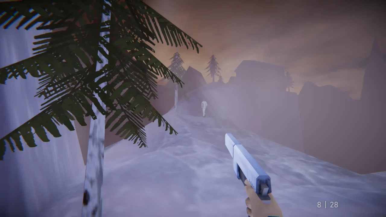 Player pursuing an enemy through a foggy mountain mission in Agent 64 Spies Never Die