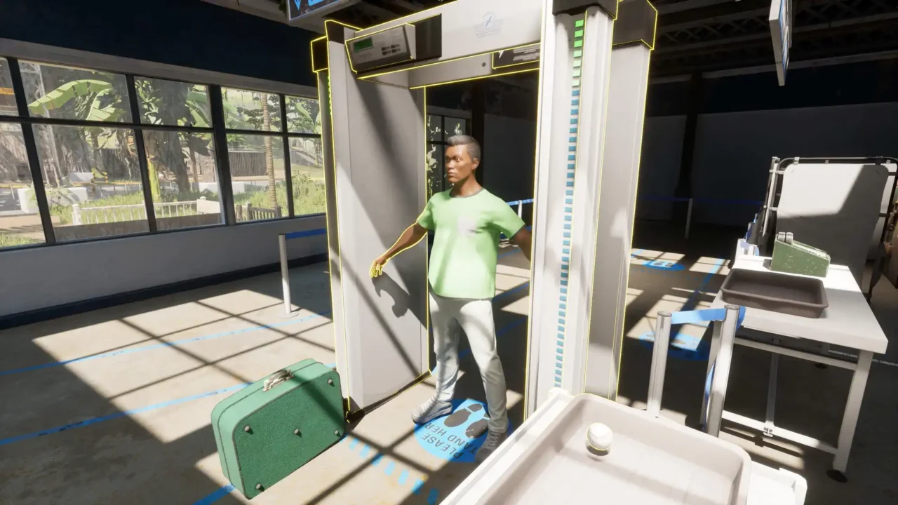 Passenger standing inside a body scanner during an airport inspection in Airport Contraband: Prologue