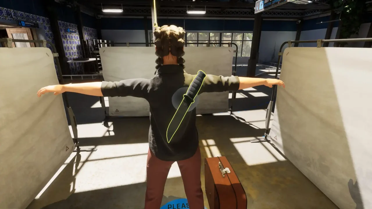 Customs inspection revealing a large knife concealed on a passenger in Airport Contraband: Prologue