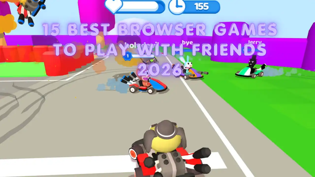 Smash Karts multiplayer browser gameplay with several players racing and battling on a colorful track.