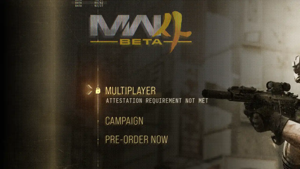 Modern Warfare 4 Beta menu showing Multiplayer locked with an Attestation Requirement Not Met warning while Campaign remains available