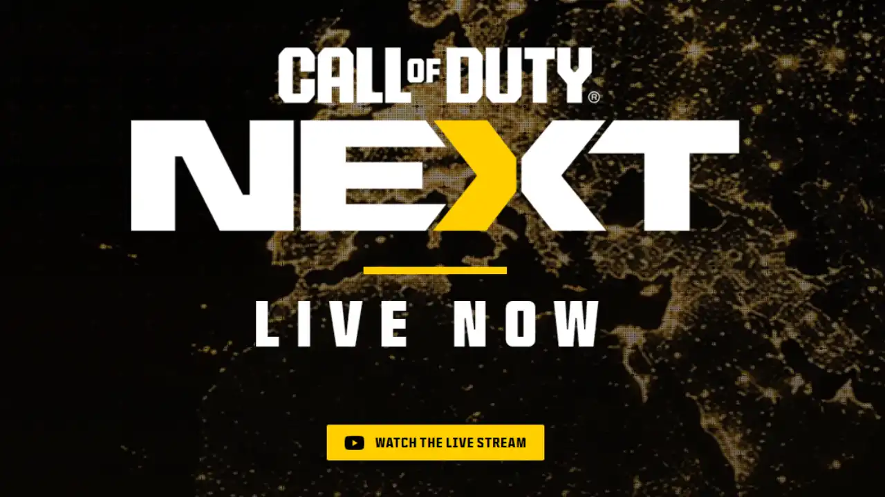 Call of Duty NEXT Live Now graphic over a black and gold world map