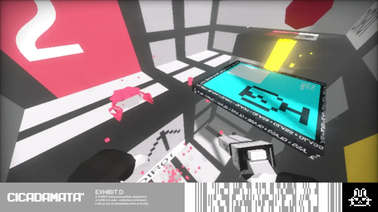 CICADAMATA gameplay showing a defeated enemy beside a glowing cyan Core in a geometric combat arena