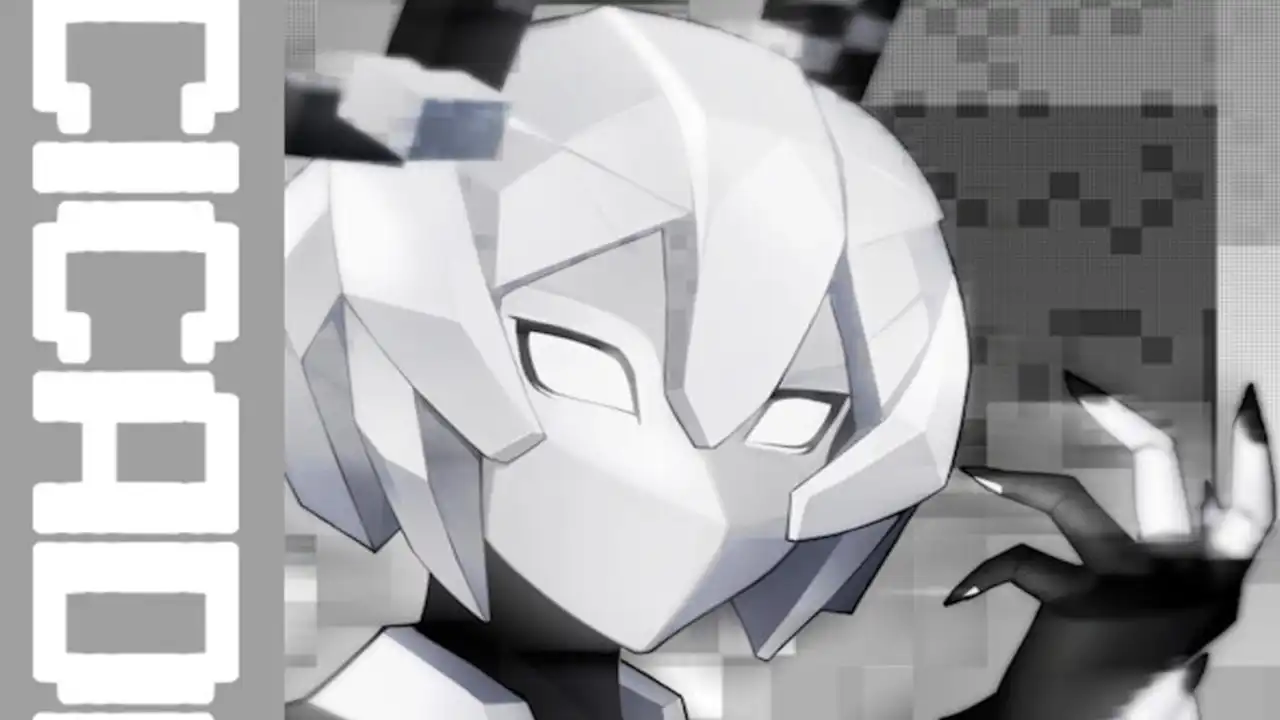 CICADAMATA review artwork showing the white masked protagonist against a monochrome digital background