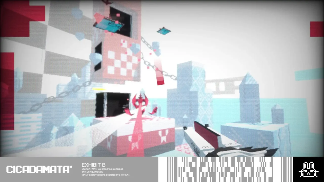 CICADAMATA gameplay showing FAWN-A2 aiming Joyeuse at an enemy while preparing a charged shot