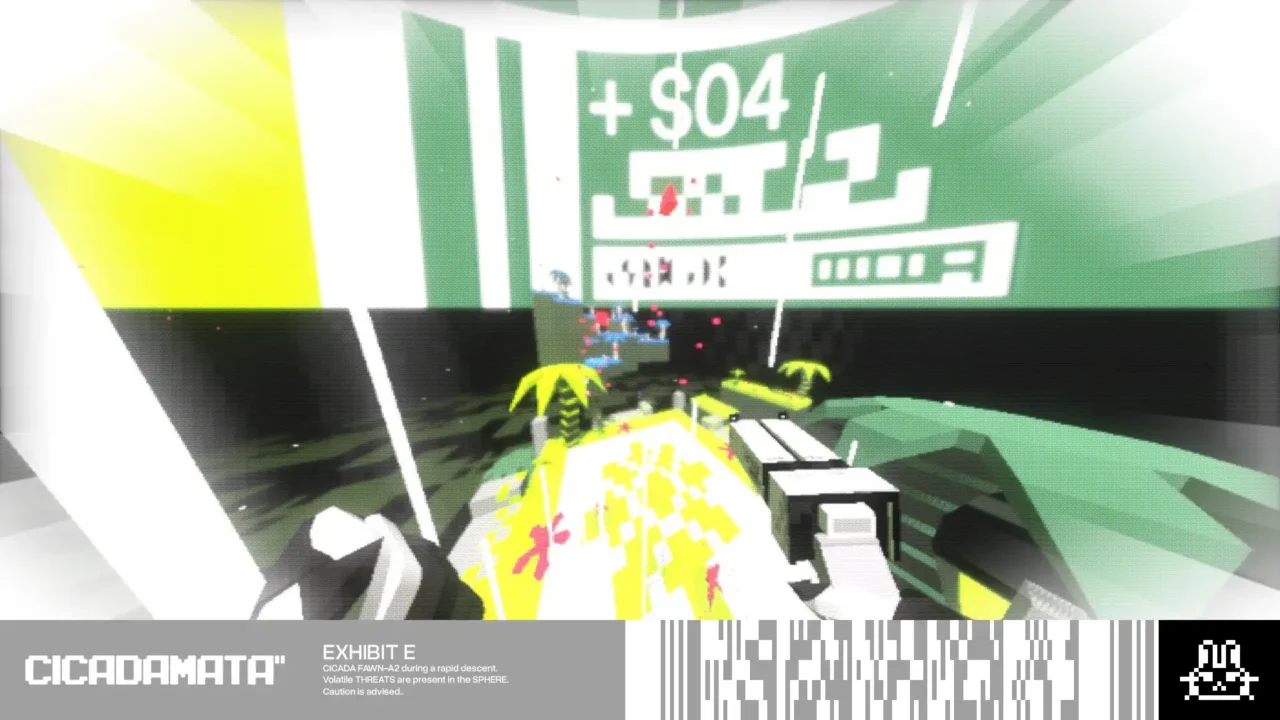 CICADAMATA first-person gameplay showing FAWN-A2 moving rapidly through a bright green and yellow combat arena