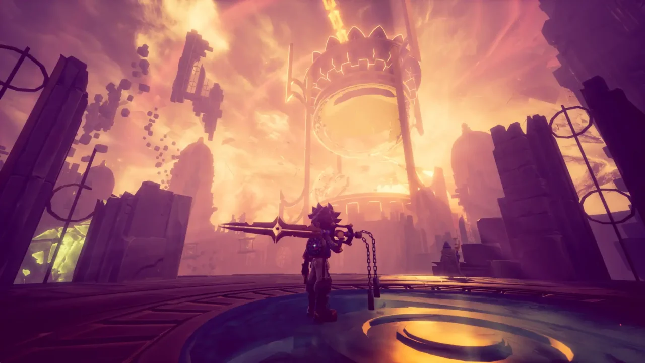 Duskfade player character looking towards a giant glowing hourglass surrounded by floating ruins