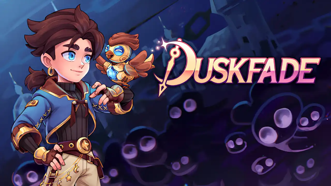 Duskfade key art showing the main character, his bird companion, and the Duskfade logo