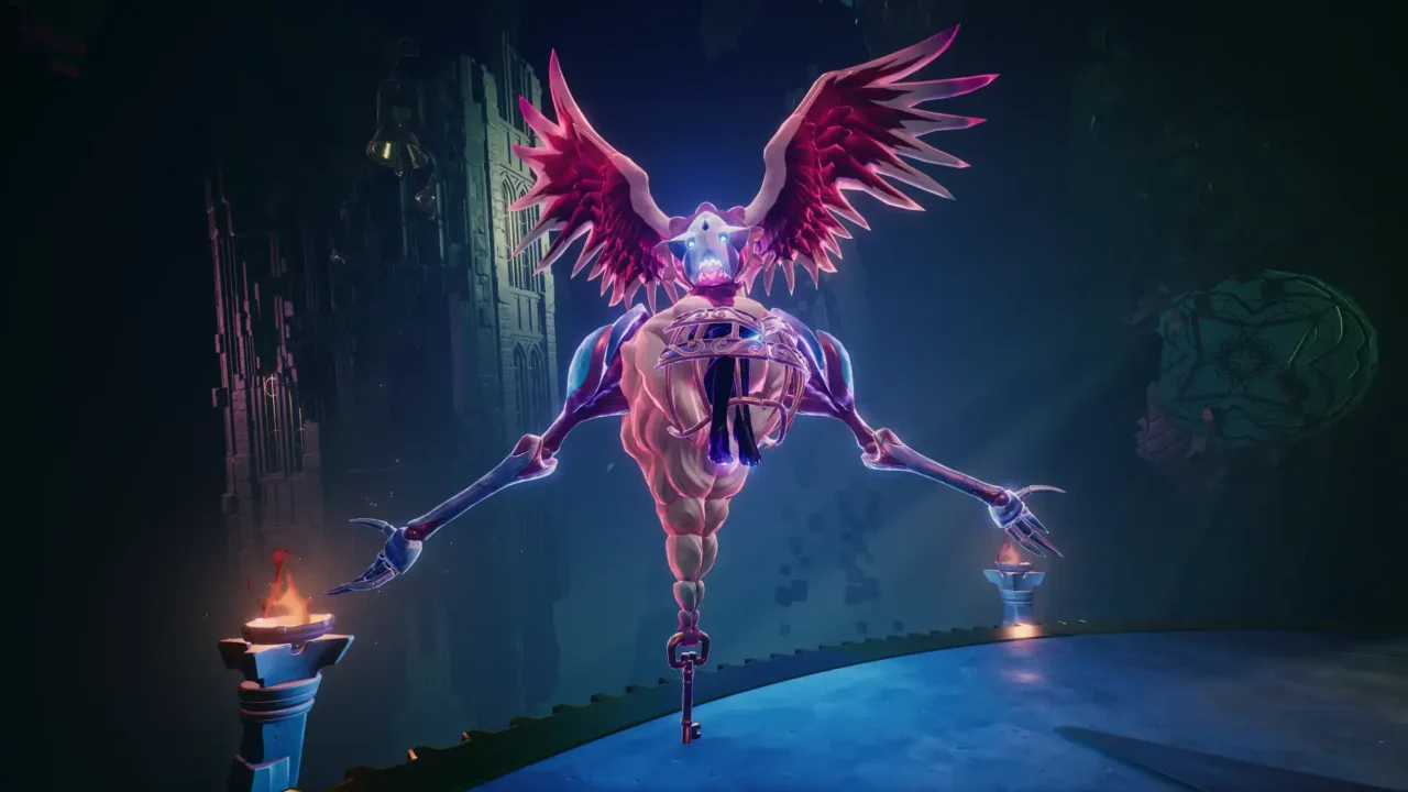 Large winged skeletal creature hovering above the player character in a dark Duskfade arena