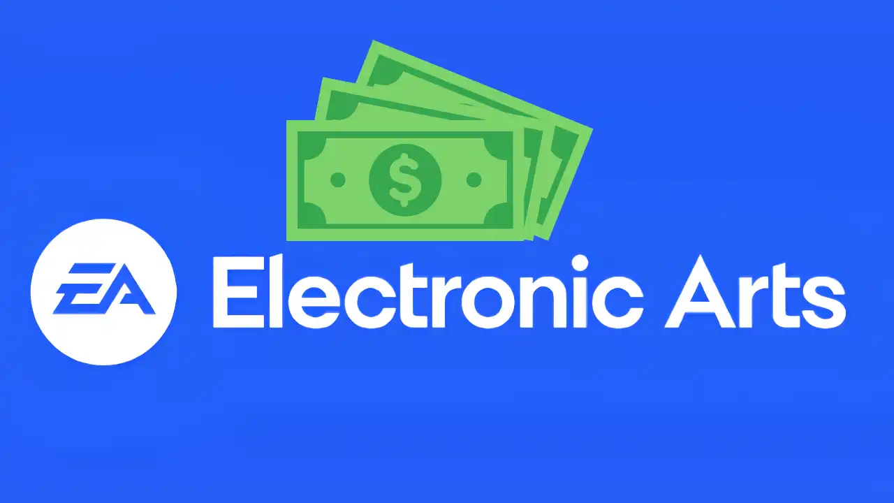 Electronic Arts logo beneath an illustration of dollar bills representing EA’s completed $55 billion acquisition