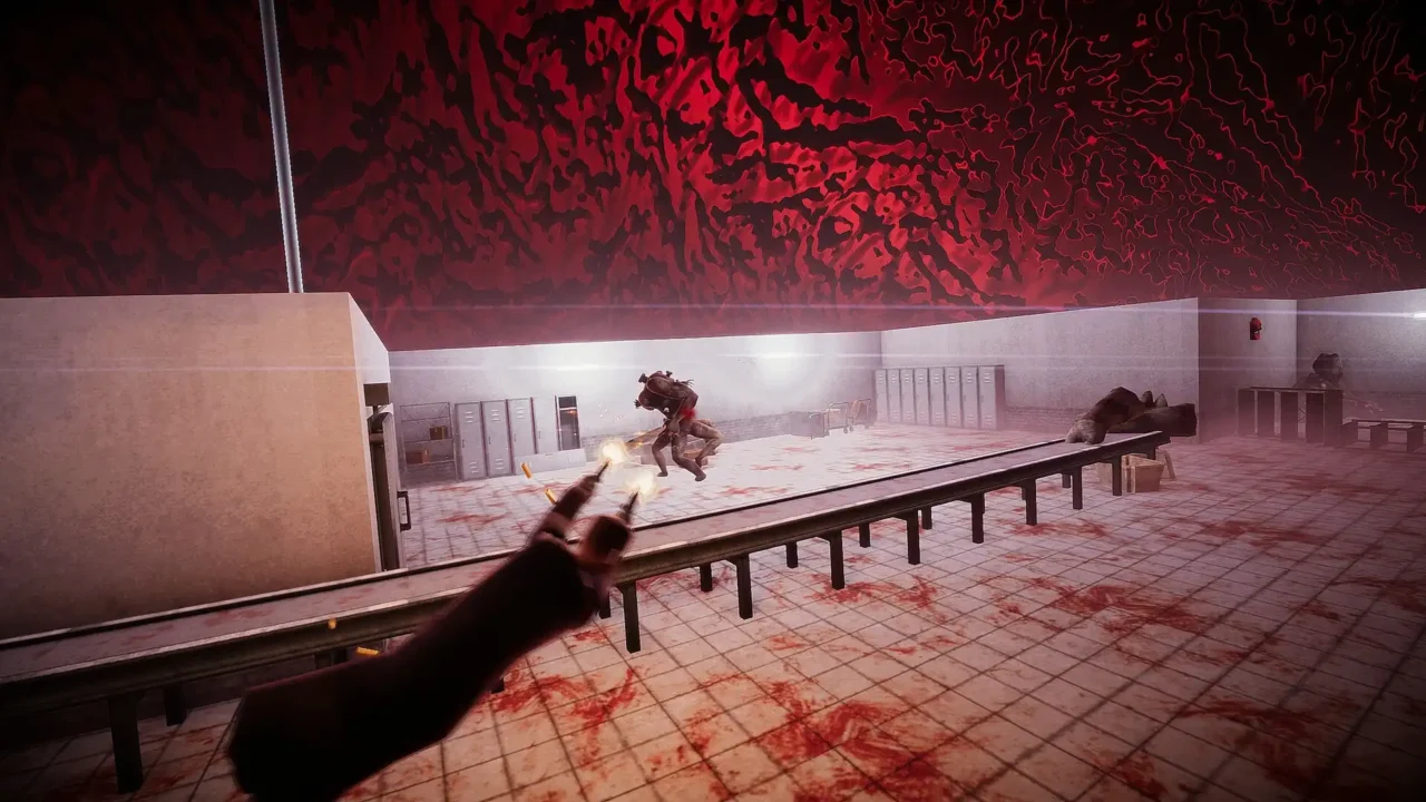 El Paso, Elsewhere player diving over a railing while shooting an enemy inside a blood-covered facility