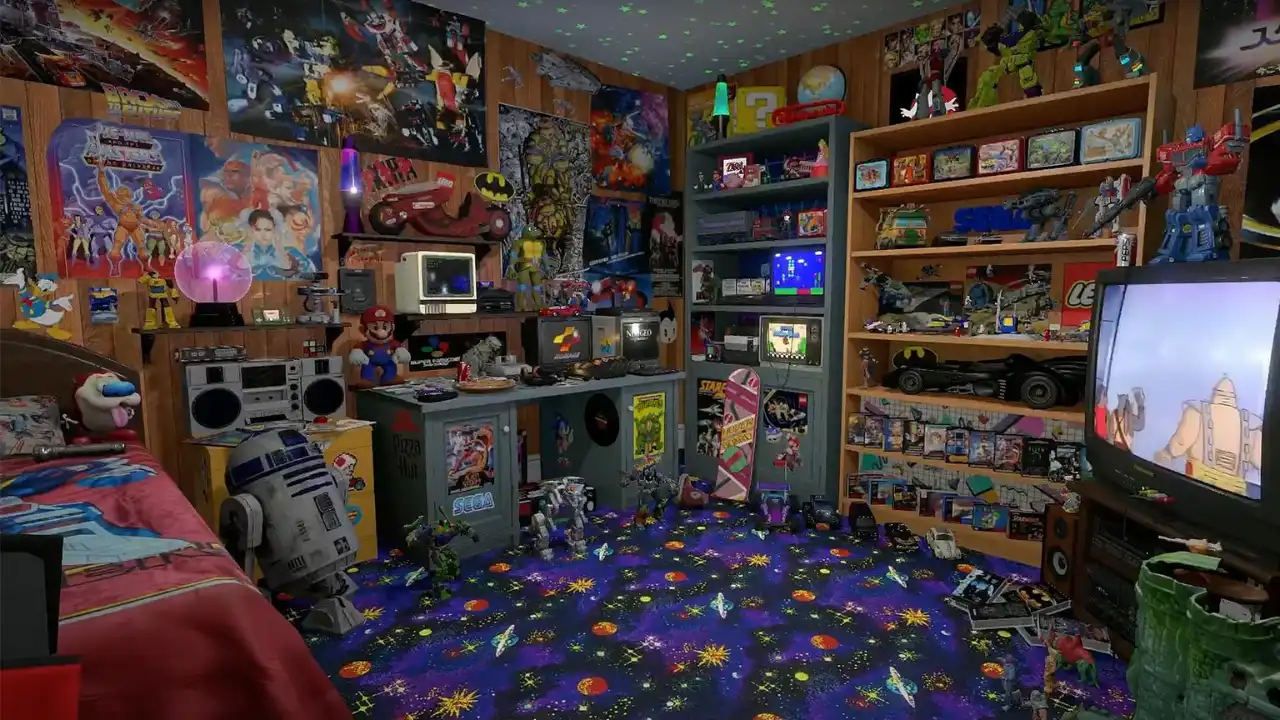 Custom EmuVR bedroom filled with CRT televisions, retro consoles, game cartridges, posters, figures, and gaming memorabilia